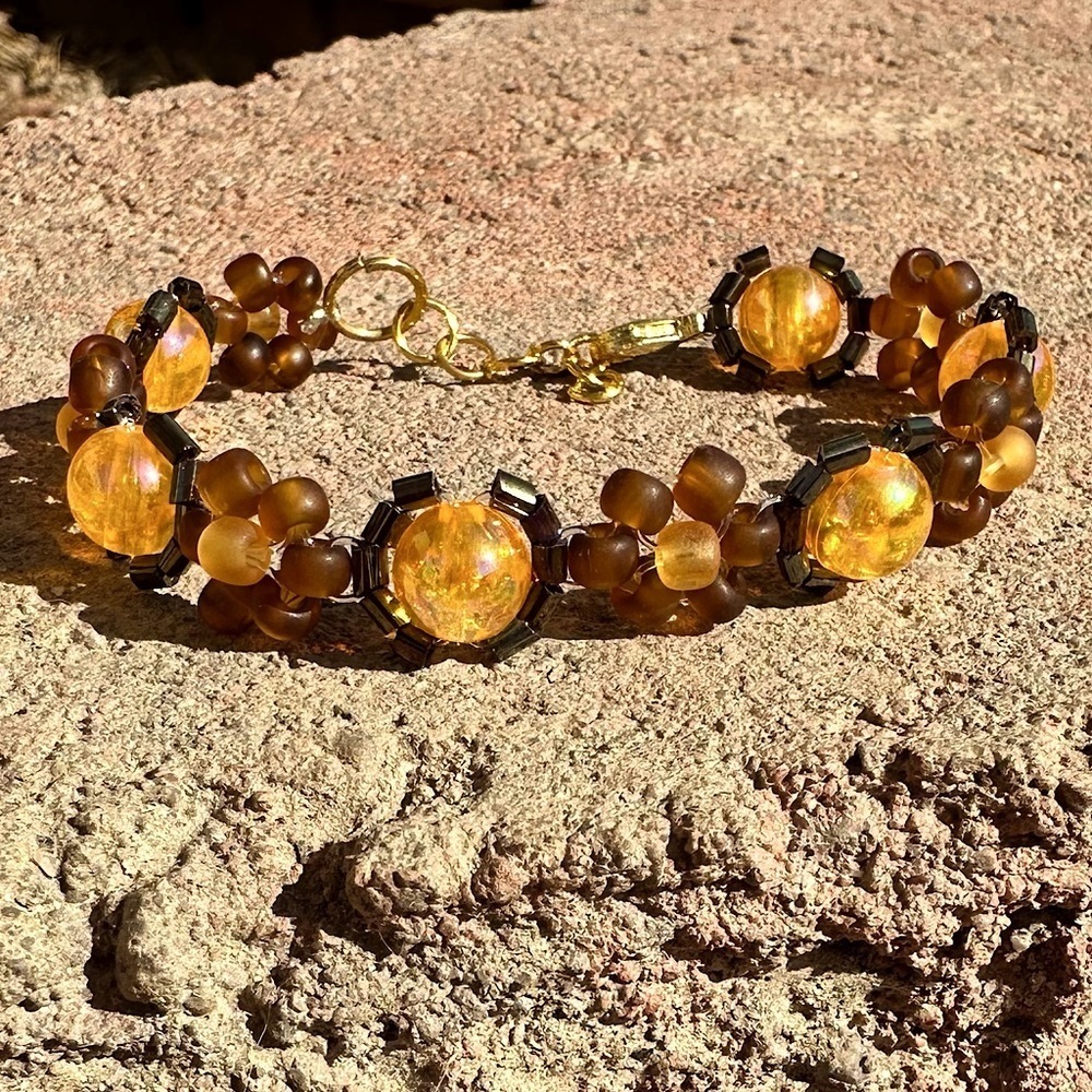 Brown & Orange Floral Adjustable  Bracelet w Gold Colored Accents